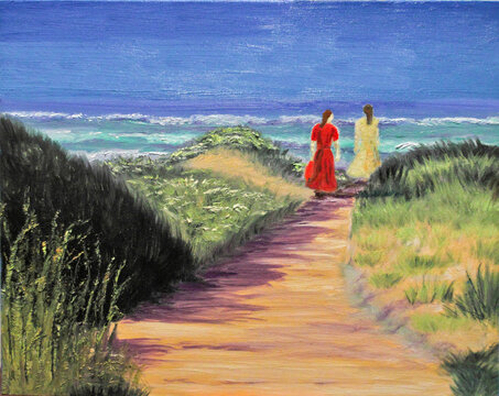 Freundinnen, Zwei Frauen auf dem Weg Strand, gemalt mit Acryl