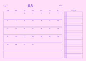 August 2022 simple design digital and printable calendar template illustration. Notes, scheduler, diary, calendar, memo, planner document template background. 