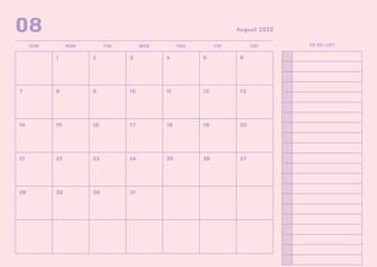 August 2022 simple design digital and printable calendar template illustration. Notes, scheduler, diary, calendar, memo, planner document template background. 