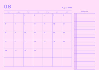 August 2022 simple design digital and printable calendar template illustration. Notes, scheduler, diary, calendar, memo, planner document template background. 