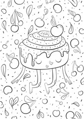 Coloring page with cinnamon bun and flying cherries in doodle style. Funny cartoon illustration for bakery, cafe, restaurant