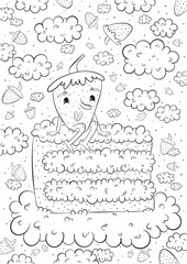 Coloring with cake, strawberries and cream clouds in doodle style. Funny cartoon illustration for bakery, cafe, restaurant