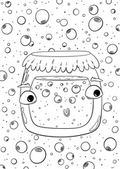 Obraz premium Coloring page with a jar of jam and flying berries in doodle style. Funny cartoon illustration for bakery, cafe, restaurant