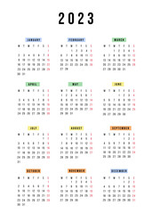 English vertical calendar 2023 year. Vector stationery calendar week starts Monday. Yearly organizer. Simple calendar template in minimal design. Business illustration.