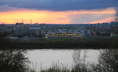 Nizhny Novgorod fair illuminated by evening lights in Nizhny Novgorod - 519613228