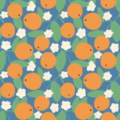Citruses and flowers seamless pattern. Blossoming oranges background. Bright citrus print on blue backing. Exotic tropical fruit pattern for textile, packaging, paper vector Illustration