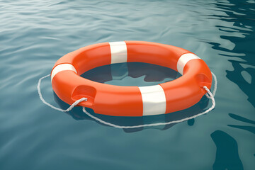 Orange lifebuoy ring floating on sea - obrazy, fototapety, plakaty