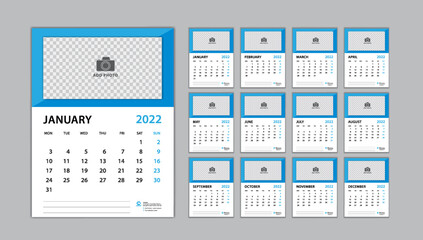 calendar 2022 template set on blue background, Desk calendar 2022 design, planner design, wall calendar template, Set of 12 Months, Week Starts on Monday, Poster, Yearly organizer, Stationery, vector