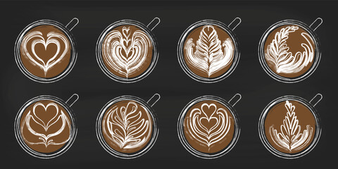 Collection of latte art. Cups of coffee set on black chalkboard. Vector illustration
