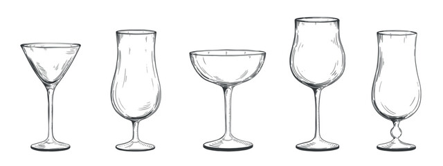 Collection of hand drawn glass goblets for alcohol. Vector illustration in sketch style