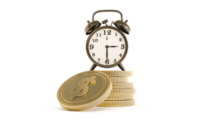 black old alarm clock and dollar coins isolated on white background. time is gold concept, 3d render