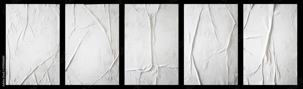 Poster set of blank white glued paper for poster texture overlay. crumpled and wrinkled pattern for backgro
