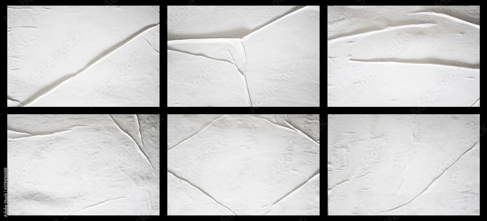 Poster set of blank white glued paper for poster texture overlay. crumpled and wrinkled pattern for backgro
