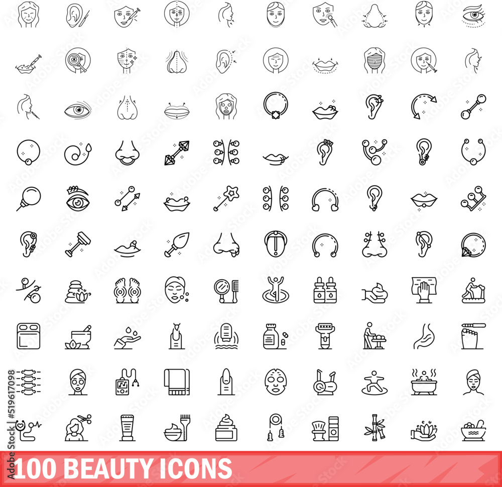 Wall mural 100 beauty icons set. outline illustration of 100 beauty icons vector set isolated on white backgrou - Wall murals