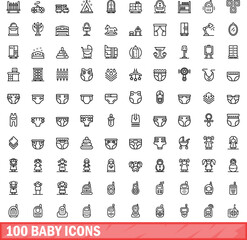 100 baby icons set. Outline illustration of 100 baby icons vector set isolated on white background