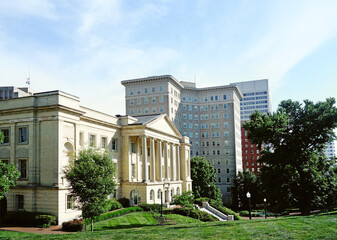 View of downtown Richmond from the state capitol grounds with the Dept of Agriculture building in...