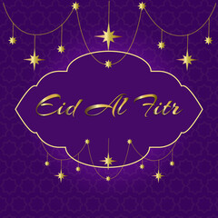 gold inscription in Arabic Eid Al Fitr against the background of an Arabic pattern with a gold garland with stars