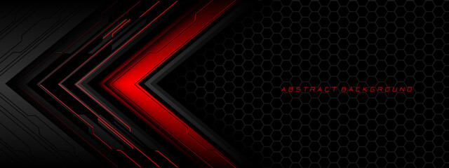 Abstract red grey metal black cyber circuit futuristic technology geometric on hexagon mesh design modern background vector - obrazy, fototapety, plakaty