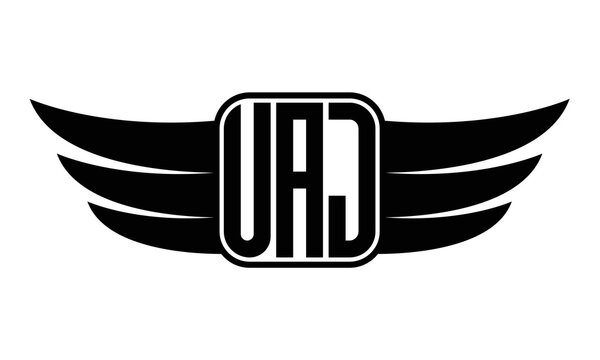 UAJ three Letter wing minimalist creative concept icon eagle symbol professional black and white logo design, Vector template