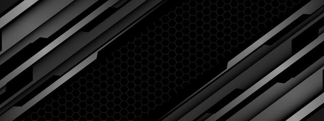 Abstract grey metal black cyber futuristic technology geometric on hexagon mesh design modern background vector
