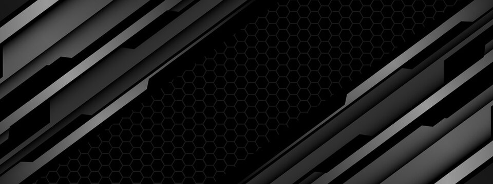 Abstract grey metal black cyber futuristic technology geometric on hexagon mesh design modern background vector