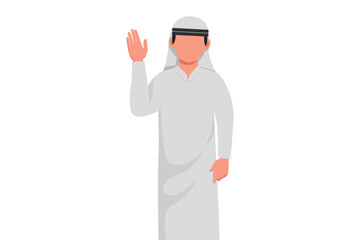 Business design drawing Arab businessman showing palm as stop sign, stay, hold or rejection gesture. Male manager gesturing emotion and body language concept. Flat cartoon style vector illustration