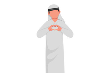 Business design drawing Arab businessman making or gesturing heart symbol with fingers in front of chest. Modern male lifestyle, healthcare, love shape concept. Flat cartoon style vector illustration
