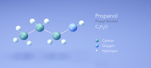 propanol, propyl alcohol. Molecular structure 3d rendering, Structural Chemical Formula and Atoms with Color Coding, 3d rendering