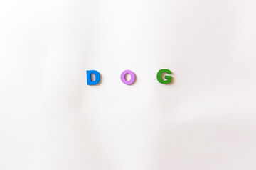 The word dog in colored letters on a white background