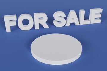 3D Render Great discount sale banner or poster design on blue background. For Sale word composition with white podium.