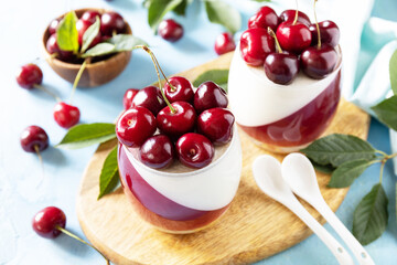 Panna cotta with sweet cherry jelly on a stone tabletop, italian dessert, homemade cuisine.