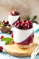 Panna cotta with sweet cherry jelly on a stone tabletop, italian dessert, homemade cuisine. Copy space.