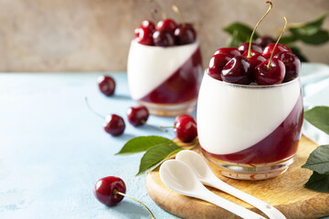 Panna cotta with sweet cherry jelly on a stone tabletop, italian dessert, homemade cuisine. Copy space.