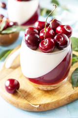Panna cotta with sweet cherry jelly on a stone tabletop, italian dessert, homemade cuisine.