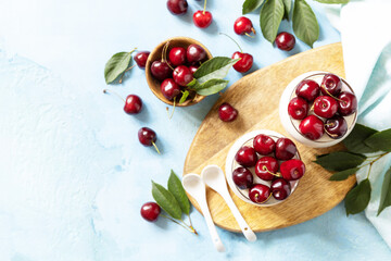 Panna cotta with sweet cherry jelly on a stone tabletop, italian dessert, homemade cuisine. View...