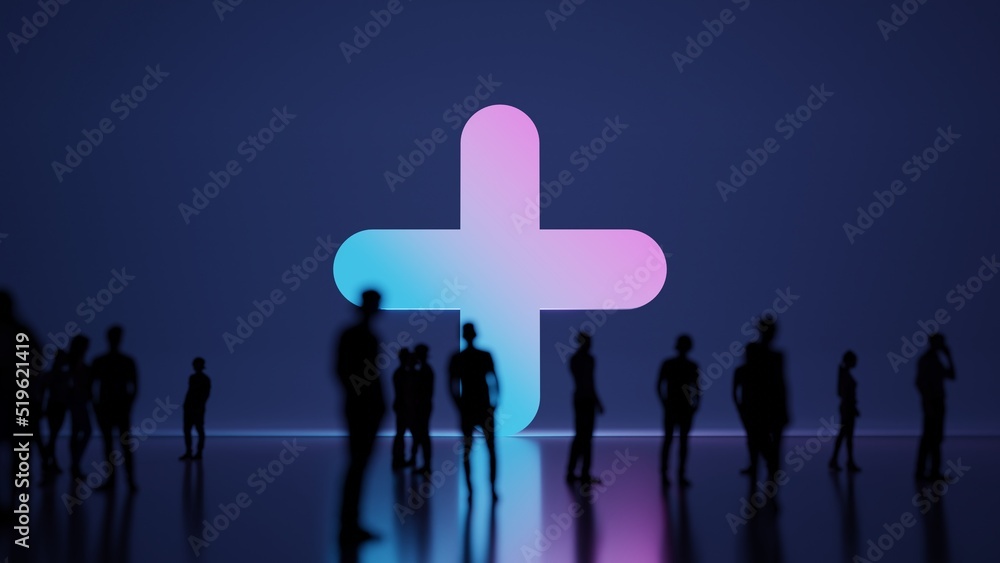 Poster 3d rendering people in front of plus symbol on background
