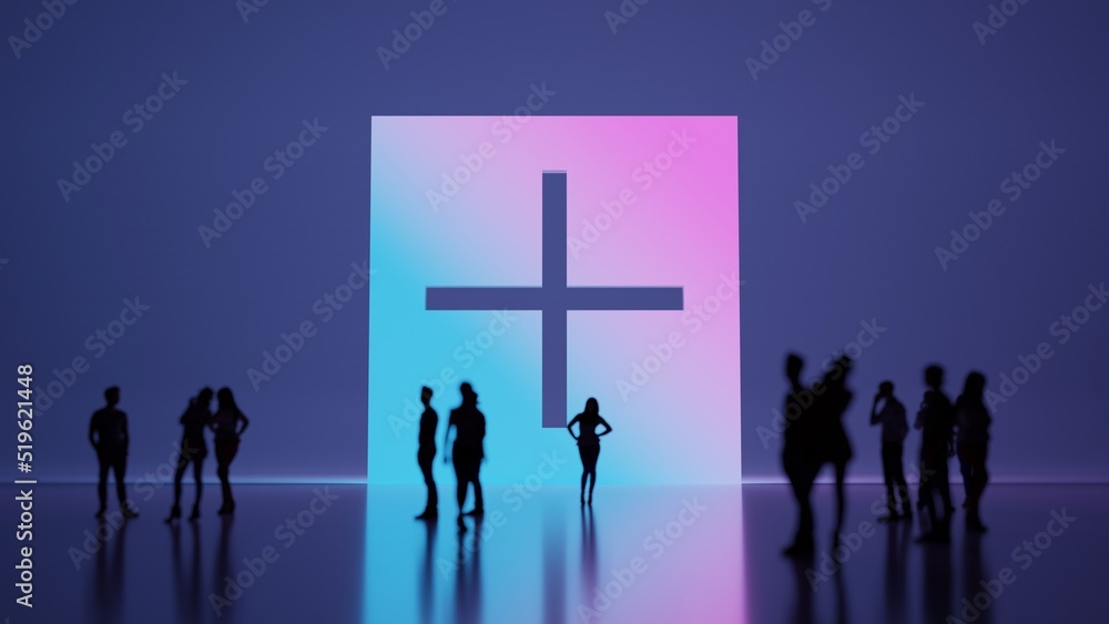 Poster 3d rendering people in front of plus symbol on background