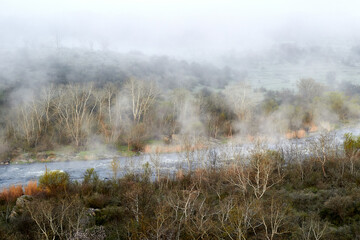 Foggy morning autumn landscape over misty river and forest at dawn. View from above