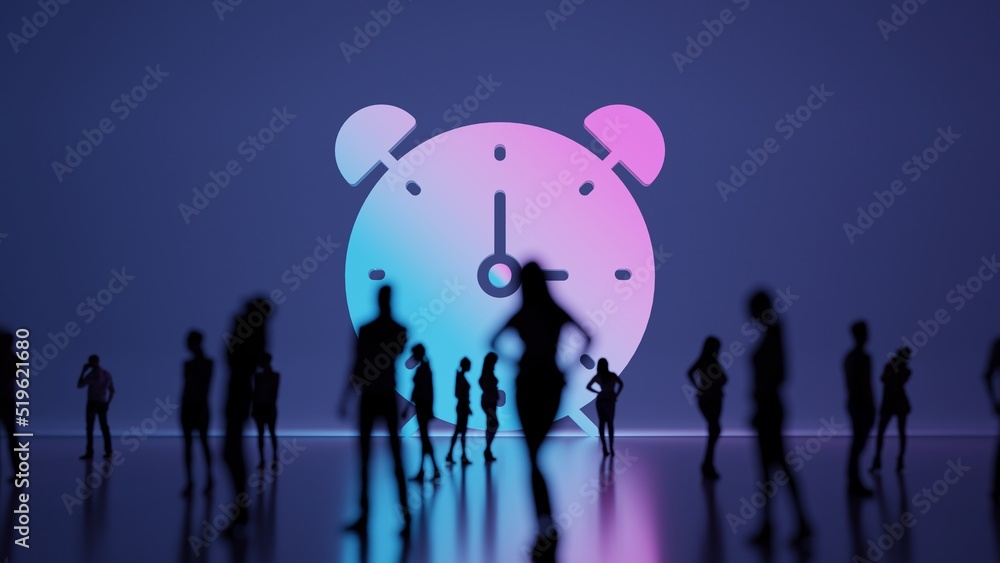 Poster 3d rendering people in front of symbol of alarm clock on background