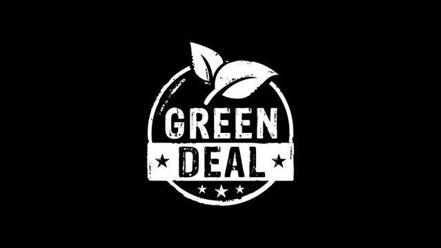 Green Deal stamp and hand stamping impact isolated animation. European Fit for 55 and reduce the greenhouse gas emissions 3D rendered concept. Alpha matte channel.