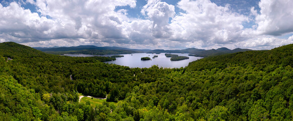 Aerial view of Blue Mountain Lake in the Adirondacks, New York.  July 8, 2022