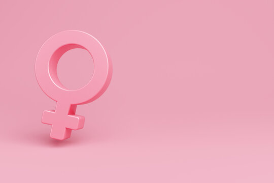 Female gender icon on isolated pink background. Venus symbol, women, stereotype, symbol for a female organism or woman, Paper art style, 3d rendering.