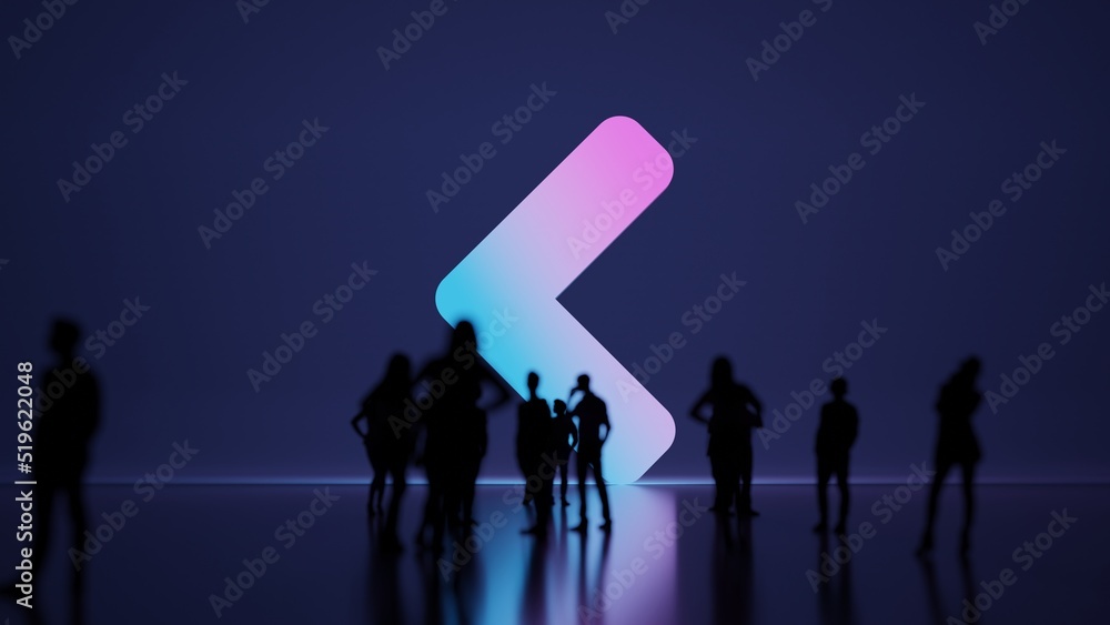 Poster 3d rendering people in front of symbol of angle left on background