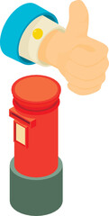 Voting method icon isometric vector. Man hand with thumb up, red letterbox icon. Mail voting, election concept