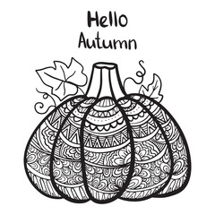 Vector hand drawn illustration of a pumpkin. Zen doodle and zen tangle autumn drawing with a pattern, anti-stress coloring, mosaic. Adult cololring page