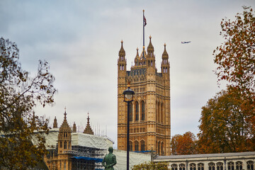 Fototapeta na wymiar Scenic view of famous Westminster Abbey in London, UK, on foggy fall day