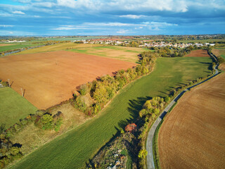 Aerial view of pastures and farmlands in France