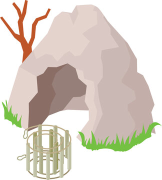 Speleological equipment icon isometric vector. Cave entrance and caving ladder. Caving equipment, spelunking