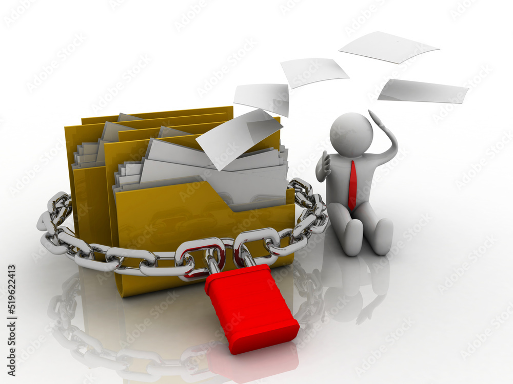 Poster 3d rendering yellow folder lock near technician .data security concept