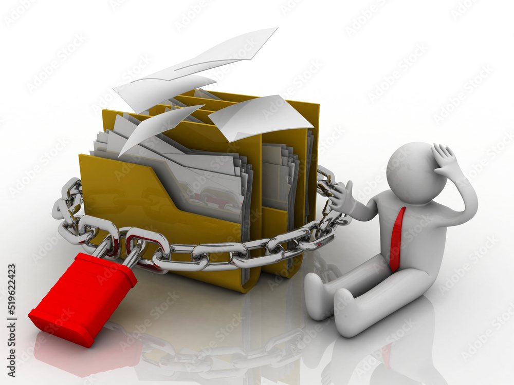Poster 3d rendering yellow folder lock near technician .data security concept
